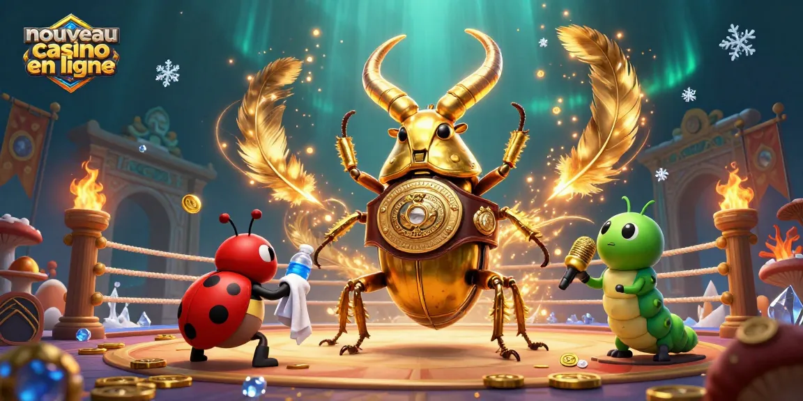 Visuel attractif d'un nouveau casino en ligne avec un scarabée géant et des éléments de jeu captivants.