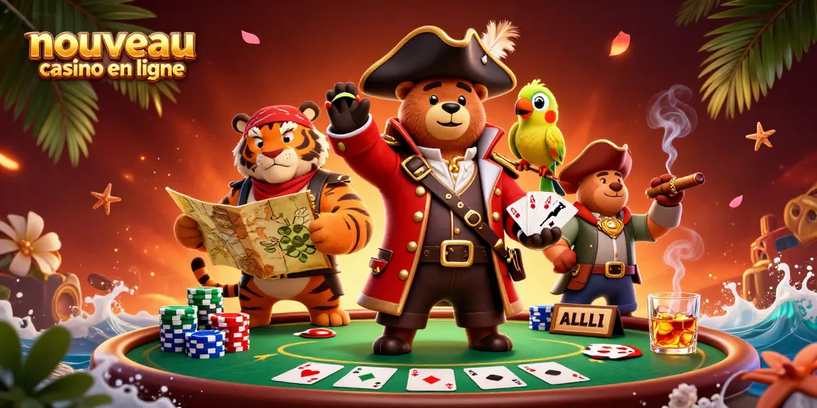 Illustration dynamique d'un nouveau casino en ligne avec un ours pirate, un tigre et un perroquet.